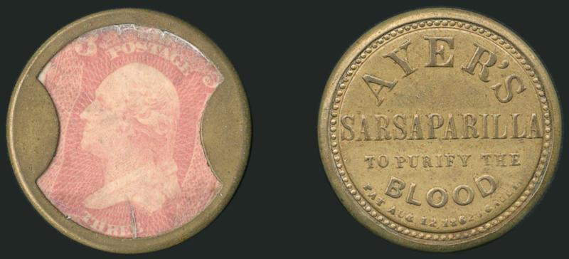 Ayers Sarsaparilla, 3c Rose, Large Ayers (EP15b).> Excellent Rose Pink color, bright golden reverse, peripheral mica faults, Very Fine