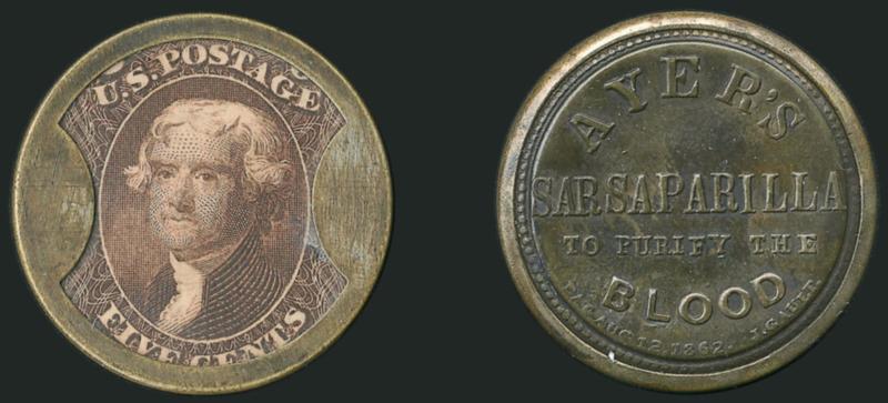 Ayers Sarsaparilla, 5c Red Brown, Medium Ayers (EP16).> Stamp centered and deep rich color, some case abrasions on the left and right obverse tabs, tiny mica flaw at right<><>^VERY FINE. AN EXTREMELY SCARCE
5-CENT AYERS SARSAPARILLA ENCASEMENT