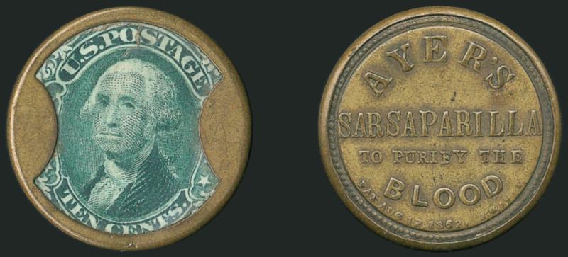 Ayers Sarsaparilla, 10c Green, Medium Ayers (EP17).> Stamp centered, case has lovely brown color, small mica fault at top, Very Fine, 16-20 reported in Reed census