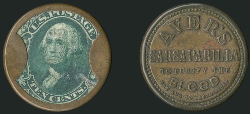 Ayers Sarsaparilla, 10c Green, Large Ayers (EP17c).> Stamp nicely centered, mica fault bottom right, Very Fine, much rarer than the Scott Catalogue indicates, the Large Ayers variety has an R-9+ rating in Reed
census (2-4 known)
