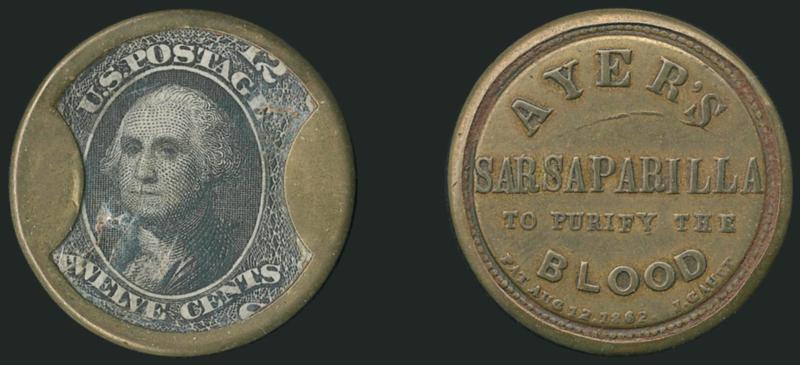 Ayers Sarsaparilla, 12c Black, Medium Ayers (EP18).> Fairly well-centered, mica cracked in two places<><>^A FINE AND COLLECTIBLE EXAMPLE OF THE 12-CENT AYERS SARSAPARILLA WITH MEDIUM AYERS INSCRIPTION, OF WHICH
FIVE TO TEN ARE REPORTED IN R