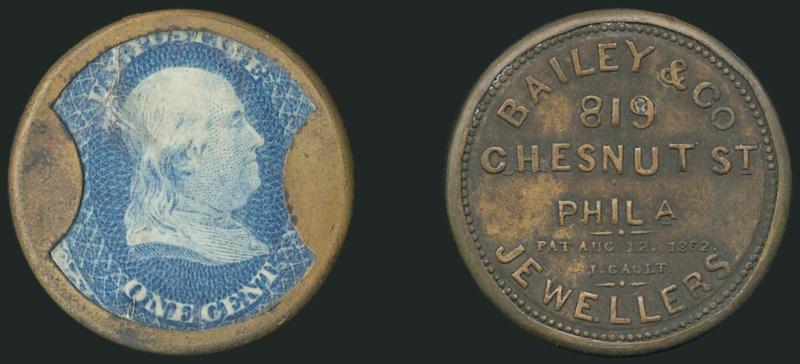 Bailey & Co., Philadelphia, 1c Blue (EP21).> Small mica crack and reverse mostly dark, Very Fine, undervalued in Scott as there are only 5-10 reported in Reed census, with 1989 P.F. certificate which does note
any flaws
