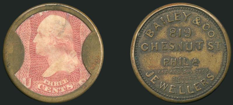 Bailey & Co., Philadelphia, 3c Rose (EP22).> Stamp has unusually rich color, mica cracked at top, Fine, in our opinion undervalued in Scott as there are only 5-10 reported in Reed census, with 1989 P.F.
certificate