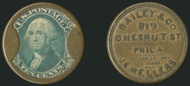 Bailey & Co., Philadelphia, 10c Green (EP24).> Stamp well-centered with value fully visible, only a couple tiny mica flaws<><>^VERY FINE. A DESIRABLE EXAMPLE OF THE RARE 10-CENT BAILEY AND COMPANY ENCASED
POSTAGE STAMP.^<><>J. Bailey & Company wa