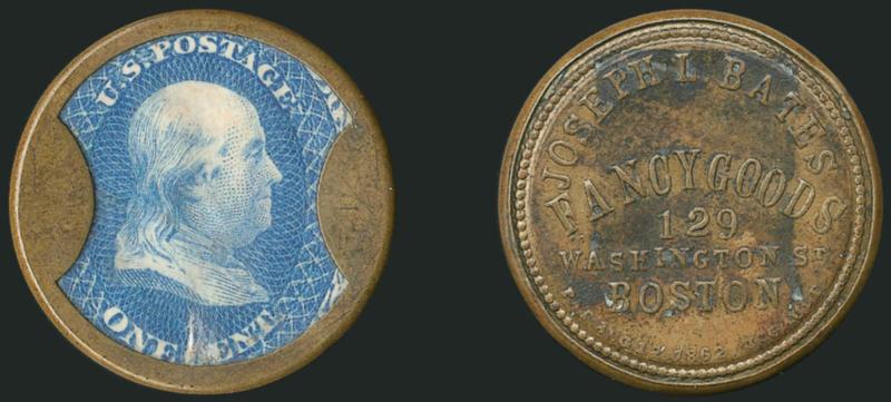 Joseph L. Bates, Boston, 1c Blue, ^FANCYGOODS^ One Word (EP26).> Stamp nicely centered, small mica fault at bottom, Very Fine, very scarce with only 16-20 reported in Reed census