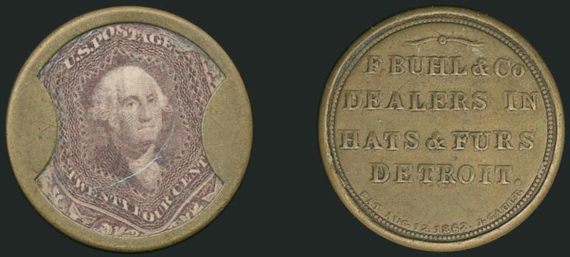 F. Buhl & Co., Detroit, 24c Red Lilac (EP43).> Stamp well-positioned in the encasement, unusually fresh color in a rich Red Lilac shade, some wrinkles and mica faults including an arc-shaped shallow crack, the
case is in excellent condition with only