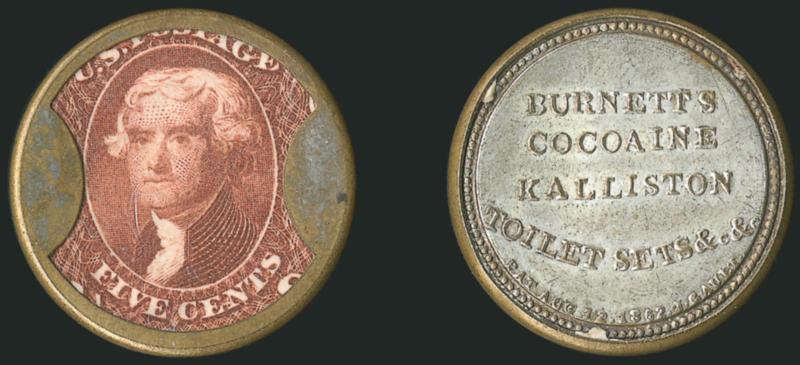 Burnetts Cocoaine Kalliston, 5c Red Brown (EP46).> Stamp nicely positioned and the color is a remarkably bright Red Brown, mica is clear and nearly perfect, only the slightest laminations visible in
cross-lighting, the reverse shows <virtually compl