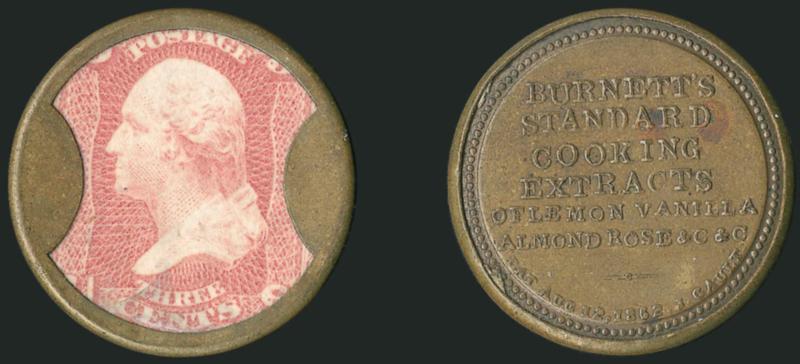 Burnetts Standard Cooking Extracts, 3c Rose (EP53).> Excellent stamp color and placement, mica intact with only a tiny flaw at bottom, Extremely Fine