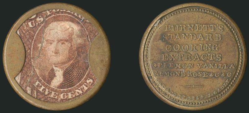 Burnetts Standard Cooking Extracts, 5c Red Brown (EP54).> Mica is in excellent condition, but it appears the stamp was torn before it was encased, otherwise Very Fine