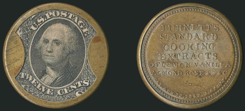 Burnetts Standard Cooking Extracts, 12c Black (EP56).> Stamp beautifully placed with Twelve Cents label fully visible, mica intact with minor laminations visible in cross-lighting, partial original silvering
remains on reverse, slight scratches on