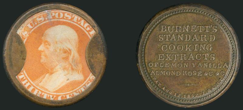 Burnetts Cooking Extracts, 30c Orange (EP58).> Stamp with deep rich color and proof-like impression, small mica crack at top, the case has taken on a lovely patina<><>^EXTREMELY FINE. THIS IS AN IMPORTANT
ENCASED POSTAGE RARITY WITH AN ESTIMATED T