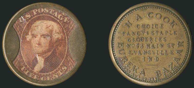 H. A. Cook, Evansville Ind., 5c Red Brown (EP64).> Rich color, slight mica crazing and tiny speck out in area of Jeffersons eye, the case is in excellent condition<><>^VERY FINE. FEWER THAN SIX EXAMPLES OF THE
H. A. COOK 5-CENT ENCASEMENT ARE BELI