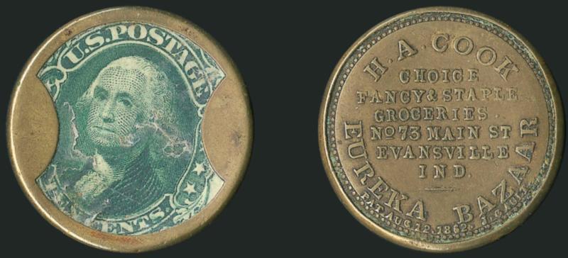 H. A. Cook, Evansville Ind., 10c Green (EP65).> Mica faults, the stamp and case are intact<><>^FINE. A RARE 10-CENT COOK ENCASEMENT. ONLY TWO DENOMINATIONS WERE ISSUED BY THIS EVANSVILLE, INDIANA, DRY GOODS
MERCHANT.^<><>The 10c is the more avail