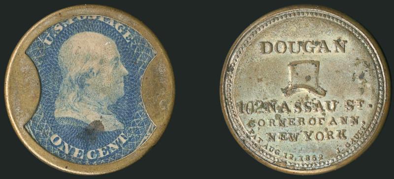 Dougan, Hatter, New York, 1c Blue (EP66).> Mica intact with only tiny imperfections, stamp with some slight soiling and a small stain, reverse of case with <almost complete original silvering><><>^VERY FINE.
THE REED CENSUS ESTIMATES ONLY ELEVEN TO