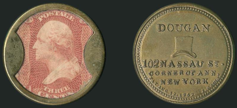 Dougan, Hatter, New York, 3c Rose (EP67).> Mica in excellent condition with only tiny imperfections, small stamp edge fault, the reverse is beautiful and looks almost like a proof strike<><>^VERY FINE. RARE,
WITH AN ESTIMATED SURVIVING POPULATION O