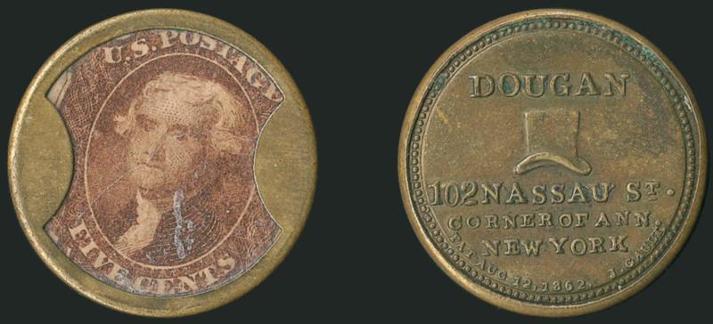 Dougan, Hatter, New York, 5c Red Brown (EP68).> Stamp shows full Five Cents value label and has rich color, mica has small cracks and minor faults, case is intact and in excellent condition<><>^FINE. AN
ATTRACTIVE EXAMPLE OF THE RARE 5-CENT DOUGA