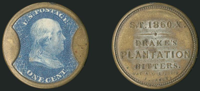 Drakes Plantation Bitters, 1c Blue (EP70).> Stamp well-positioned, rich color, mica intact and reverse with small part of original silvering, Extremely Fine