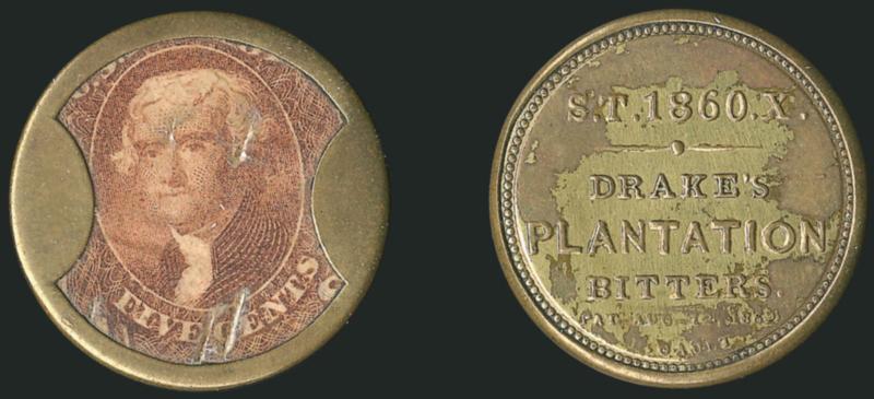 Drakes Plantation Bitters, 5c Red Brown (EP72).> Stamp wrinkled and mica faults, the reverse appears to have been plated with a shiny golden material, some of which has worn off in places, otherwise Very
Fine
