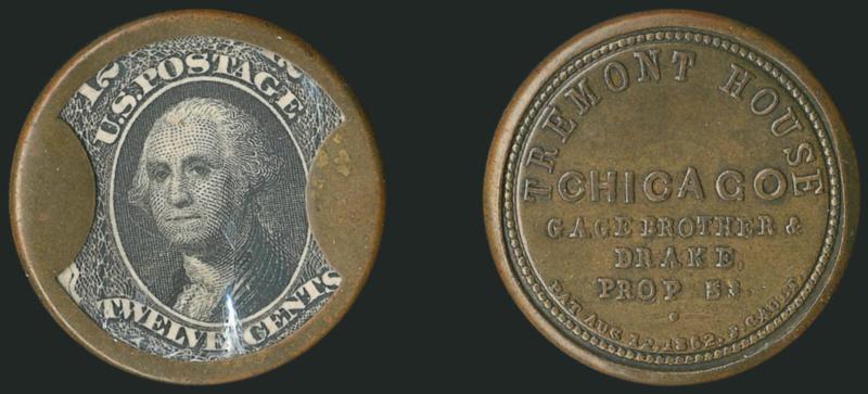 Gage Bros. & Drake, Tremont House, Chicago, 12c Black (EP92).> Stamp positioned with Twelve Cents label fully visible, intense dark shade, some mica faults at bottom, case is an attractive dark brown
color<><>^VERY FINE. A VERY RARE 12-CENT GAGE