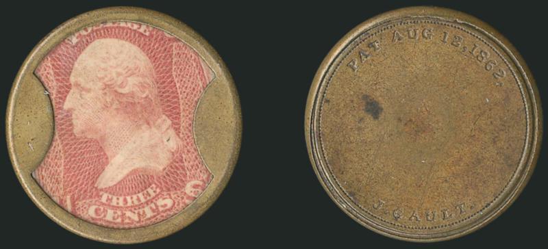 J. Gault, 3c Rose (EP95).> Stamp with deep Brown Rose color, light bend, mica clear and intact (light soiling in cross-lighting), the case is a beautiful light olive brown, Extremely Fine, rarely seen this
nice, Reed census reports 11-15 known, ex Fo