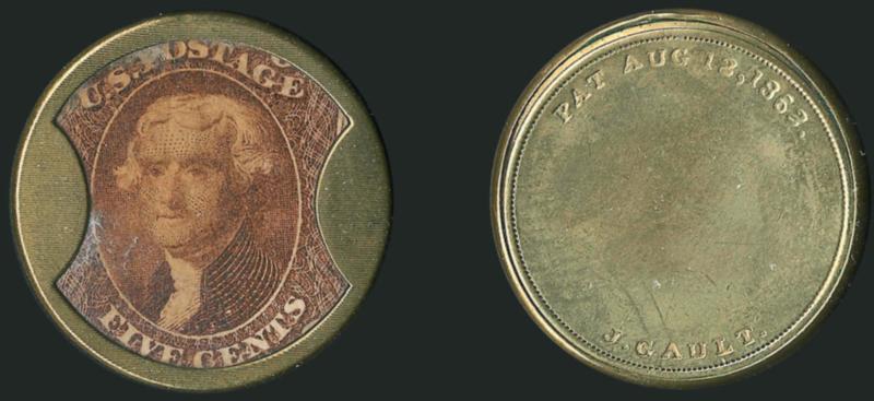 J. Gault, 5c Red Brown, Ribbed Frame (EP96a).> Stamp well-positioned and with rich color, minor mica crazing, the case is in wonderful condition, Extremely Fine (About Uncirculated by numismatic
standards)