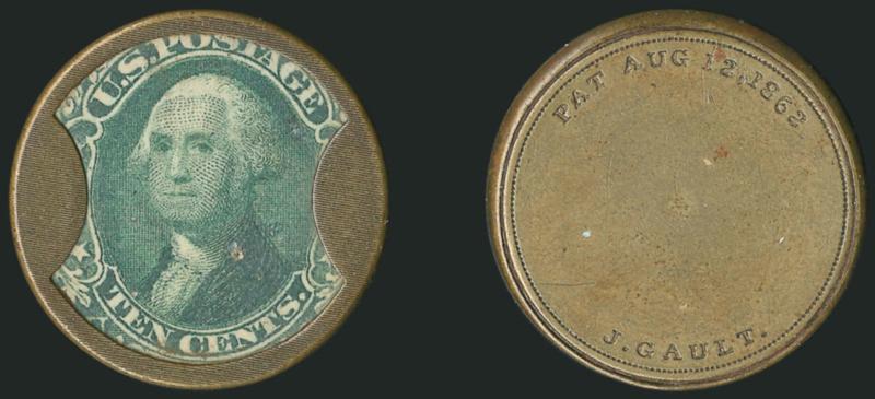 J. Gault, 10c Green, Ribbed Frame (EP97a).> Couple tiny pinpoint punctures in mica, case in excellent condition, Very Fine