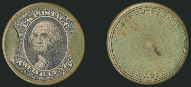 J. Gault, 12c Black (EP98).> Stamp toned and light crease, mica appears intact, greenish patina on reverse of case, about Very Fine