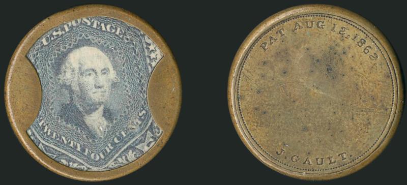 J. Gault, 24c Red Lilac (EP99).> Unusual stamp shade that closely resembles <Steel Blue,> tiny mica puncture in the area of N of Cents<><>^EXTREMELY FINE. A CHOICE EXAMPLE OF THE 24-CENT GAULT ENCASED POSTAGE
STAMP.^<><>With 31-40 reported in t
