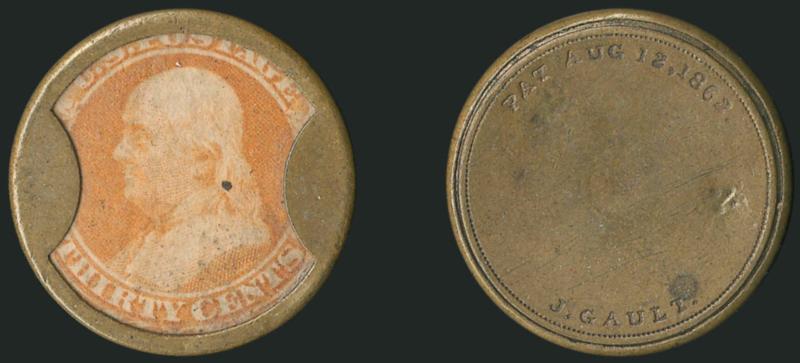 J. Gault, 30c Orange (EP100).> Stamp slight soiling, also a speck of black on Franklins head, mica intact with a couple trivial flaws, two small dents on the reverse<><>^VERY FINE. A RARE 30-CENT GAULT, WITH
ABOUT SIXTEEN TO TWENTY SURVIVING EXAMP