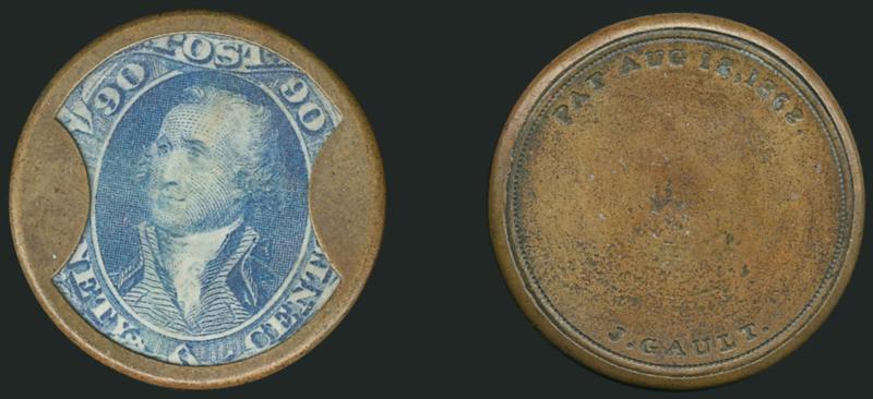 J. Gault, 90c Blue (EP101).> Stamp well-positioned with lovely bright color, trivial mica crazing of no consequence, the case is in excellent condition with even golden brown toning <><>^EXTREMELY FINE. THE TOP
VALUE 90-CENT GAULT IS VERY RARE, AND