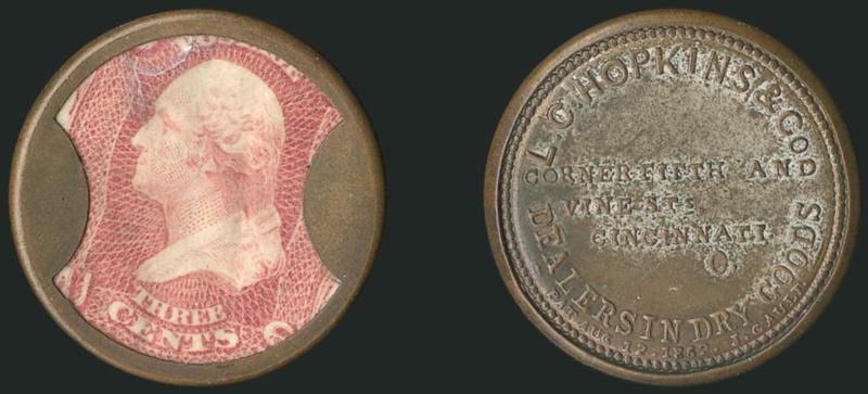 L. C. Hopkins & Co., Cincinnati, 3c Rose (EP103).> Stamp has rich color and positioned to show the complete denomination at bottom, slight mica crazing and lamination of little consequence, the case shows
<nearly half of its original silvering><><>