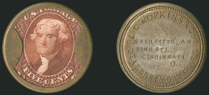 L. C. Hopkins & Co., Cincinnati, 5c Red Brown (EP104).> Stamp with beautiful bright Red Brown color and positioned to show full denomination at bottom, the vignette is also centered between the case tabs, mica
is clear and essentially problem free (m