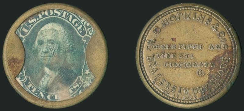 L. C. Hopkins & Co., Cincinnati, 10c Green (EP105).> Stamp has rich color, couple minor mica flaws and a cloudy spot at bottom, there are a couple of discolored spots on the case, one on the left obverse tab
and the other on the left edge of the reve