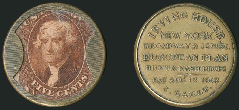 Hunt & Nash, Irving House, New York, 5c Red Brown, Ribbed Frame (EP108a).> Stamp has rich color, small mica flaw at top and an even more trifling imperfection at bottom, the reverse is exceptionally beautiful
with bright golden color, Extremely Fine