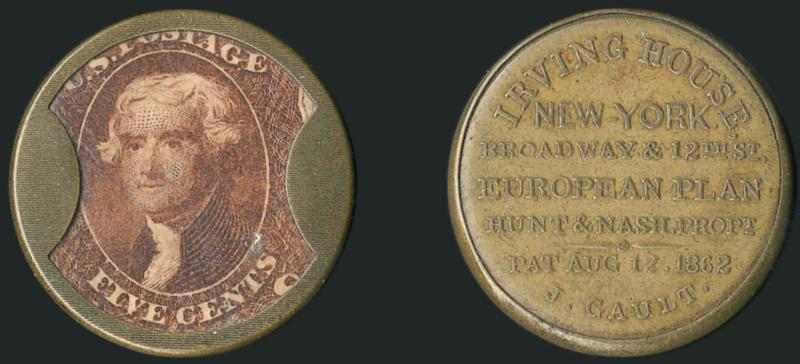 Hunt & Nash, Irving House, New York, 5c Red Brown, Ribbed Frame (EP108a).> Stamp with intense Red Brown color and nicely positioned, small mica flaw, case is very attractive, Very Fine, with 2006 P.F.
certificate