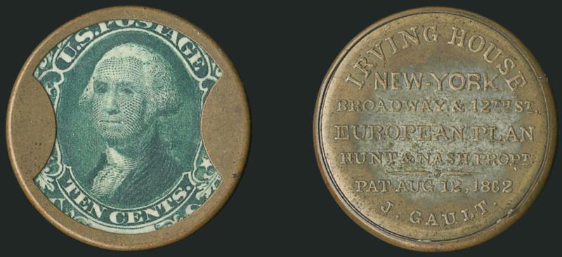 Hunt & Nash, Irving House, New York, 10c Green (EP109).> Stamp with rich color and slight diagonal crease or bend, value label fully visible, mica clear with minor imperfections visible in cross-lighting, the
case is attractive with some of the origi