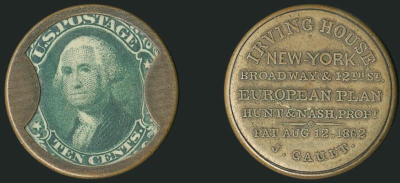 Hunt & Nash, Irving House, New York, 10c Green, Ribbed Frame (EP109a).> Stamp has deep rich color, marvelously placed in the frame with both labels full visible, mica has trivial imperfections, a lovely case
with light olive gold color, Extremely Fin