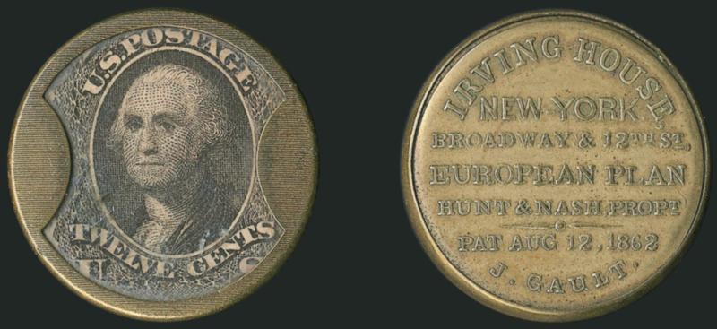 Hunt & Nash, Irving House, New York, 12c Black, Ribbed Frame (EP110a).> Stamp lightly toned and minor mica flaws, excellent encasement condition with a brightly colored reverse<><>^VERY FINE. ONLY TWO OR THREE
OF THE 12-CENT IRVING HOUSE RIBBED-FRA