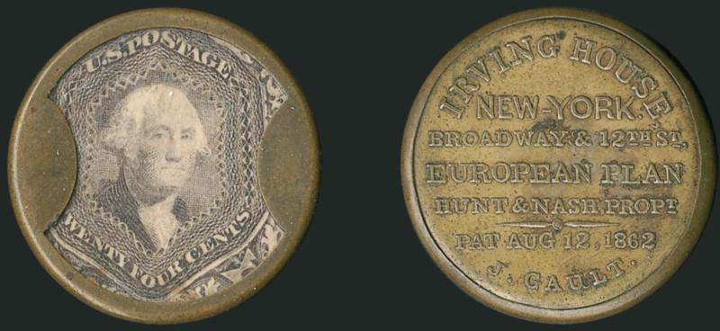 Hunt & Nash, Irving House, New York, 24c Red Lilac (EP111).> Stamp with good color (Violet-like shade) and slight wrinkles, positioned with first letter of value label under tab, mica essentially problem free
but shows light lamination in cross-light