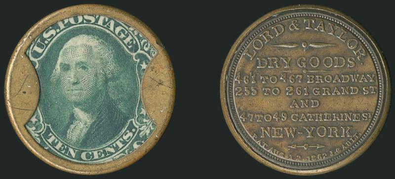 Lord & Taylor, New York, 10c Green (EP124).> Stamp superbly positioned showing full labels at top and bottom, mica shows only slight lamination in cross-lighting, sound case with the reverse in an attractive
olive brown color, Extremely Fine, Reed ce