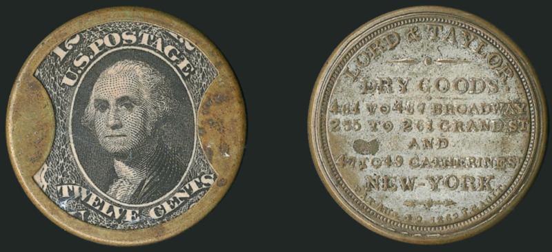 Lord & Taylor, New York, 12c Black (EP125).> Stamp well-positioned showing complete top and bottom labels, slight mica lamination, the reverse shows <over 80% of the original silvering,> tabs with minor
discoloration spots<><>VERY FINE. THIS ONE OF
