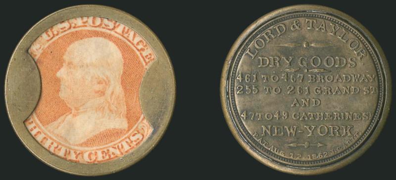 Lord & Taylor, New York, 30c Orange (EP127).> Stamp has crisp color, well-positioned in the case with most of Thirty Cents label complete, slight wrinkles, mica clear with only tiny imperfections, the reverse
in a rich brown shade<><>^EXTREMELY F
