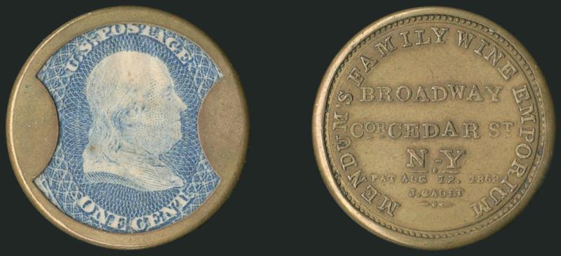 Mendums Family Wine Emporium, New York, 1c Blue (EP129).> Well-positioned stamp, light horizontal crease or bend, mica appears intact with only tiny imperfections, lovely case, Very Fine