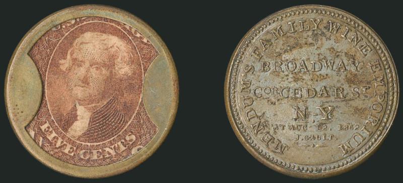 Mendums Family Wine Emporium, New York, 5c Red Brown (EP131).> Stamp with slight soiling, mica essentially sound with only slight lamination visible in cross-lighting, the case is in excellent condition with
<reverse showing considerable original si