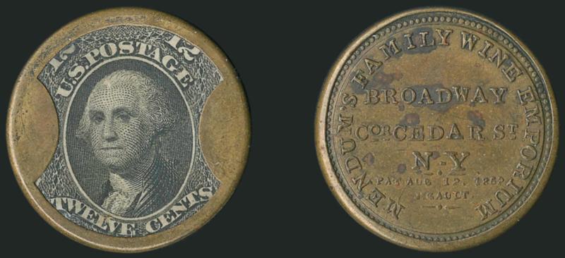 Mendums Family Wine Emporium, New York, 12c Black (EP133).> Stamp beautifully positioned in frame showing complete top and bottom labels, trifling mica flaw at bottom left, nice olive brown reverse<><>^VERY
FINE. A CHOICE EXAMPLE OF THE RARE 12-CE