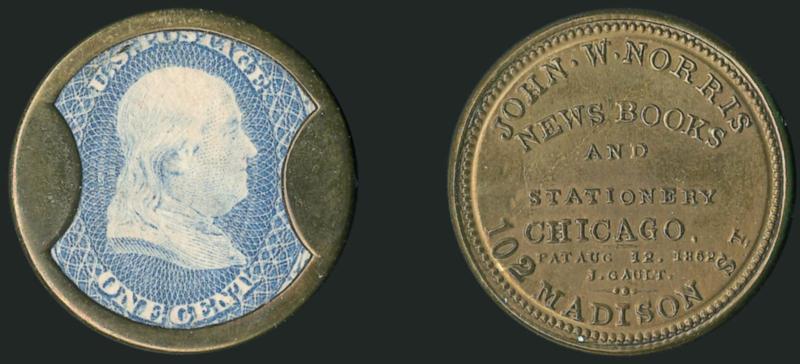 John W. Norris, Chicago, 1c Blue (EP136).> Stamp exceptionally well positioned in case, tiny trivial mica flaw at top edge, beautiful encasement with a very pretty bronze colored back (looks
uncirculated)<><>^EXTREMELY FINE. TRULY OUTSTANDING CONDI
