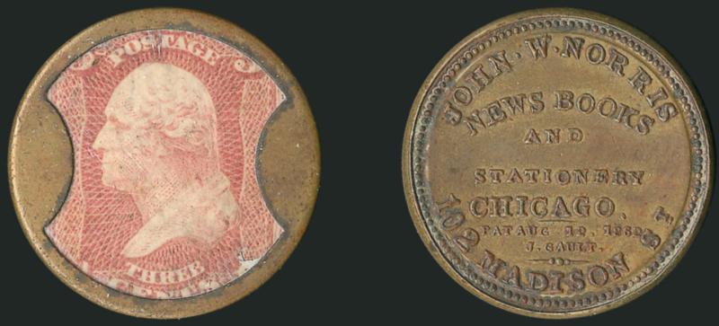 John W. Norris, Chicago, 3c Rose (EP137).> Stamp slightly soiled, mica has small cracks and crazing at top and bottom, the case is essentially sound but has some wear marks<><>^FINE. AN EXCEEDINGLY RARE 3-CENT
ENCASEMENT ISSUED BY JOHN W. NORRIS.^<