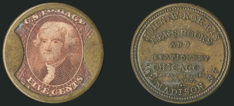 John W. Norris, Chicago, 5c Red Brown (EP138).> Stamp with rich color, choice positioning with Five Cents value fully visible, trivial mica laminations, the case is dark olive brown on the reverse with traces
of original silvering<><>^EXTREMELY F