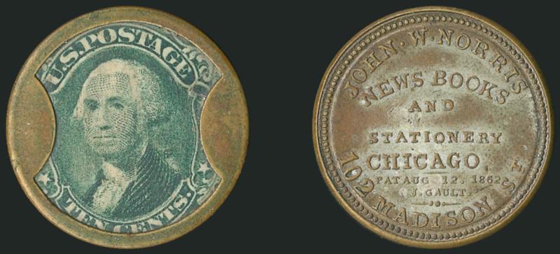 John W. Norris, Chicago, 10c Green (EP139).> Rich stamp color, minor mica crack at top right, the case is in excellent condition showing <approximately half of its original silvering><><>^VERY FINE. ONE OF THE
FINEST OF THE FEW KNOWN EXAMPLES OF TH