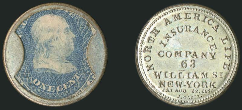 North America Life Insurance Co., New York, 1c Blue, Curved ^INSURANCE^ (EP140).> Stamp shifted upward with complete value at bottom and centered side-to-side, mica is clear with only the tiniest imperfections,
the case has <nearly 100% of its orig